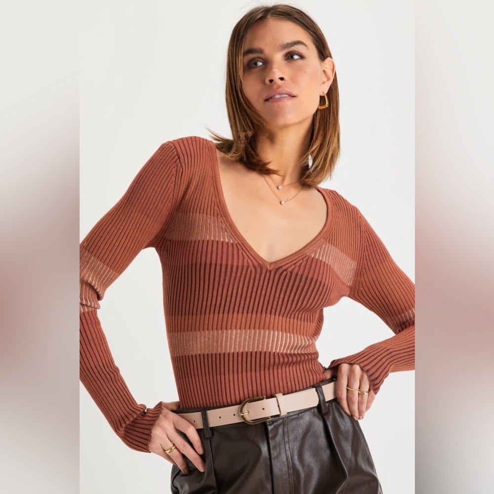 Lulus Striped V-Neck Ribbed Knit Sweater Large - Picture 8 of 10